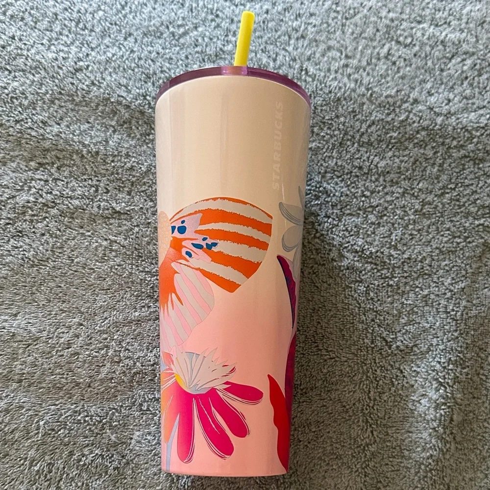 New Starbucks Pink Floral Ombre Tumbler with Yellow Straw and Orange Accents - Picture 1 of 5